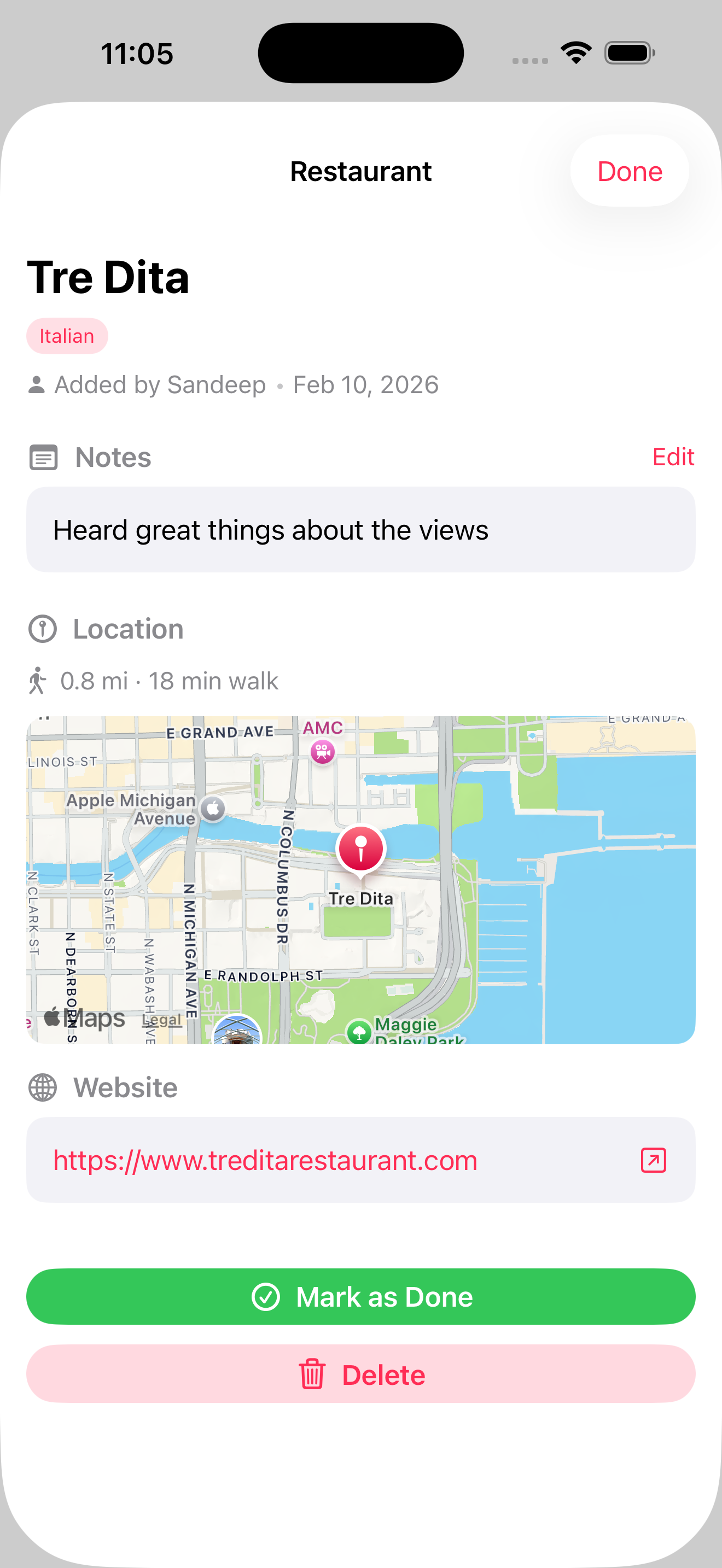 Restaurant detail view for Tre Dita with map, notes, and actions